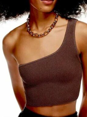 Women's Babaton Sculpt One Shoulder Brown Ribbed Cropped Top Size M